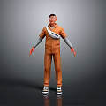 3D Character Model Wearing Orange Overalls Gray Long Sleeves Red Gloves And White Sneakers