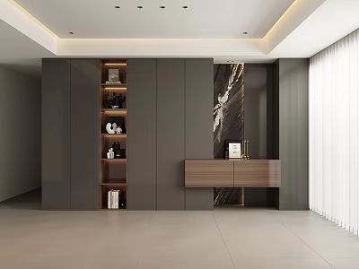 Modern Luxury Bookcase With Gray Cabinetry Glass Doors Open Shelves And Marble Accent Wall 3d model