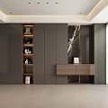 Modern Luxury Bookcase With Gray Cabinetry Glass Doors Open Shelves And Marble Accent Wall