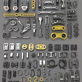 Assorted Metal Hardware Accessories With Various Designs Hooks Latches And Yellow Components 3d model