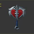 Cracked Red Heart Shaped War Hammer With Silver Accents And Blue Handle