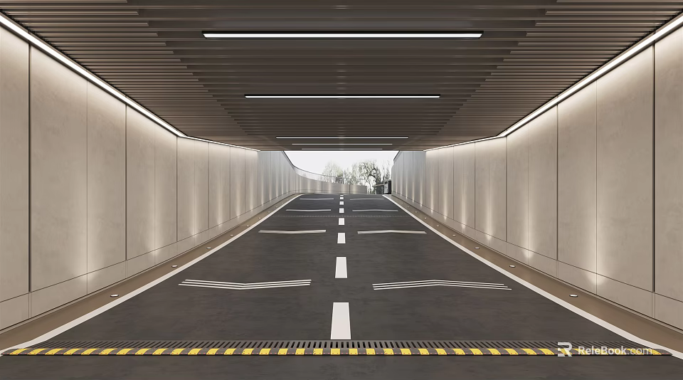 Tunnel Road Infrastructure Entry With Well Lit Walls And Clear Lane Markings 3d model 