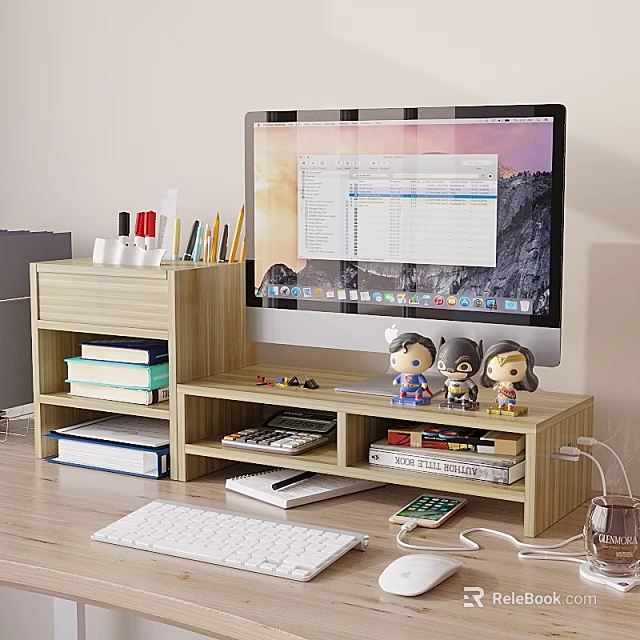 Wooden Storage Shelf Unit for Home Office Desktop with Books Stationery Decorative Figures and Monitor 3d model 