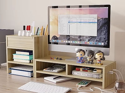 Wooden Storage Shelf Unit for Home Office Desktop with Books Stationery Decorative Figures and Monitor 3d model