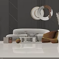 Modern Sofa Coffee Table Set With White Upholstery Round Wall Art And Accent Chair