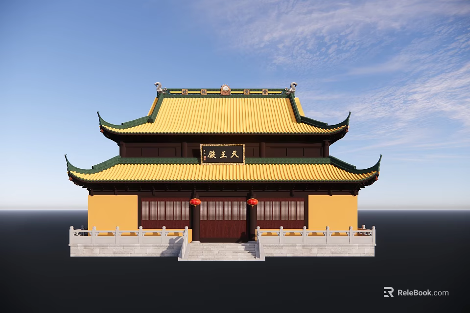 Ancient Chinese Architectural Building With Yellow Roof Green Eaves Red Lanterns And White Platform 3d model 