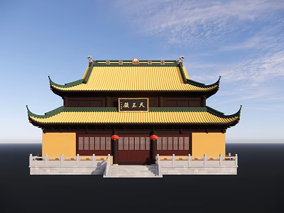 Ancient Chinese Architectural Building With Yellow Roof Green Eaves Red Lanterns And White Platform 3d model