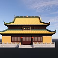 Ancient Chinese Architectural Building With Yellow Roof Green Eaves Red Lanterns And White Platform