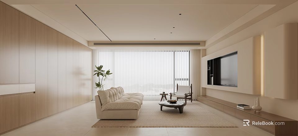 Modern Minimalist Living Room With Beige Sofa Wooden Walls Large Windows TV Wall And Plants 3d model 