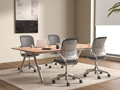 Modern Wooden Conference Table With Ergonomic Rolling Chairs Laptop And Coffee Mug In Modern Office 3d model