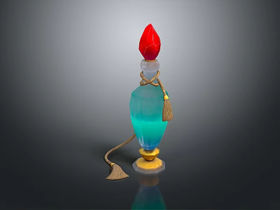 Woman Holding Decorative Blue Bottle With Red Flame Top And Gold Base Tassel 3d model