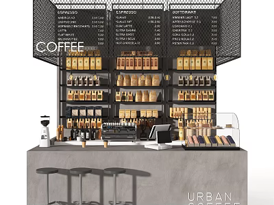 Urban Modern Coffee Bar Counter With Coffee Beans Cups Display Shelves and Stools 3d model