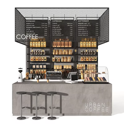 Urban Modern Coffee Bar Counter With Coffee Beans Cups Display Shelves and Stools 3d model