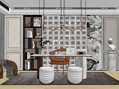 Modern Study Room Interior With Built in Bookshelves Wooden Desk Leather Chair And Artwork 3d model