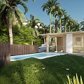 Tropical Resort Area With Multiple Swimming Pools Palm Trees And Pathways