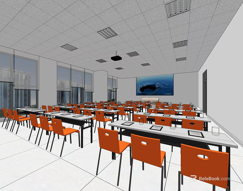 Conference Room Interior With Orange Chairs Black Tables Large Screen And Large Windows 3d model 