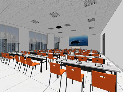 Conference Room Interior With Orange Chairs Black Tables Large Screen And Large Windows 3d model