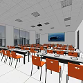 Conference Room Interior With Orange Chairs Black Tables Large Screen And Large Windows
