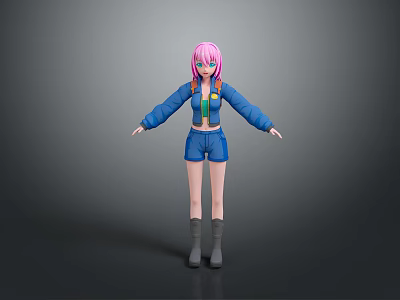 Game and Movie Character With Pink Hair Blue Jacket Shorts And Gray Boots 3d model