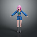 Game and Movie Character With Pink Hair Blue Jacket Shorts And Gray Boots