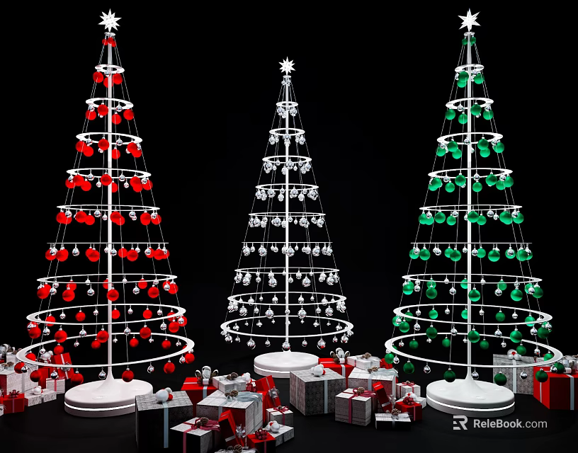 Three Festive Christmas Trees Decorated With Red Green Ornaments And Gift Boxes 3d model 