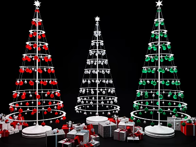 Three Festive Christmas Trees Decorated With Red Green Ornaments And Gift Boxes 3d model