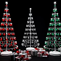Three Festive Christmas Trees Decorated With Red Green Ornaments And Gift Boxes