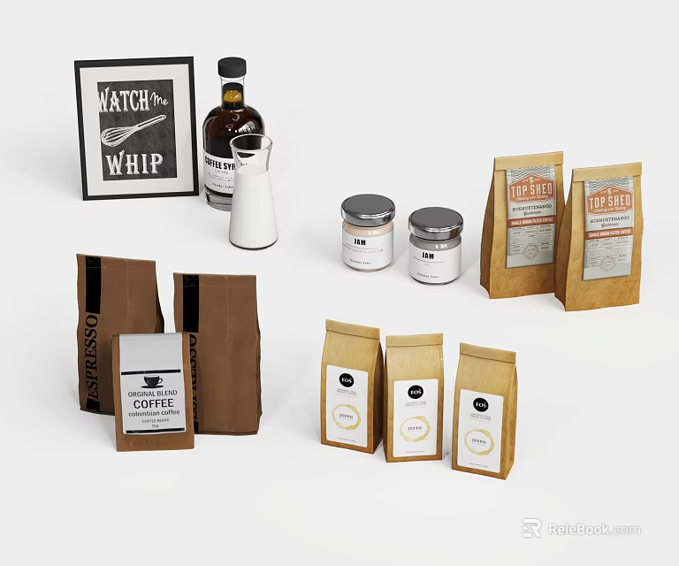 Coffee And Tea Packaging Display With Brown Paper Bags And Small Jars 3d model 