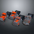 Four Orange And Gray Truck Models With Detailed Designs And Heavy Duty Bodies