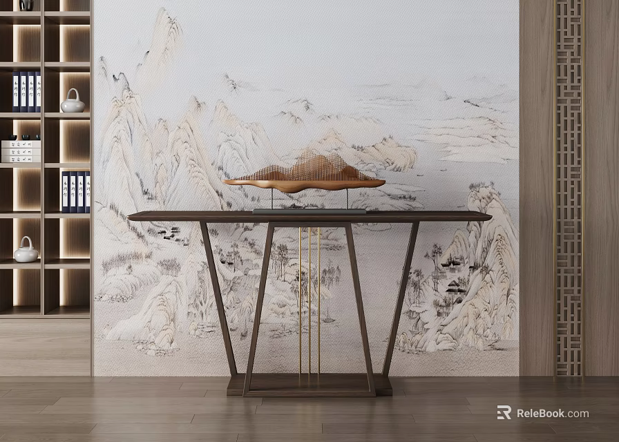 Chinese Console Table with Landscape Painting Backdrop and Decorative Sculpture 3d model