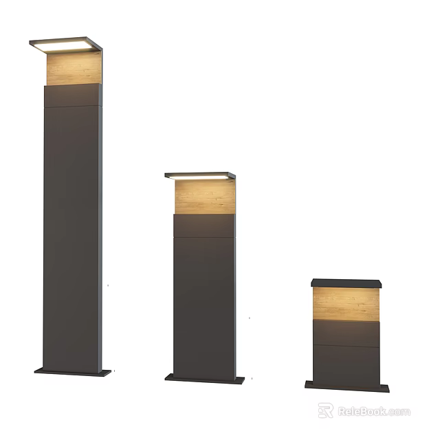 Modern Outdoor Lights Featuring Black Metal Pillar Design Various Heights And Wooden Illuminated Top 3d model 