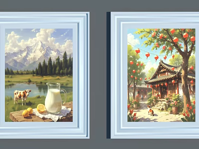 Artistic Abstract Painting Wall Decor With Mountain Lake Cow Chinese Architecture And Lantern Elements 3d model