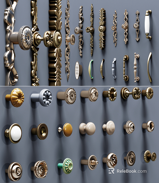 Display Of Various Decorative Cabinet Handles In Different Styles And Shapes 3d model 
