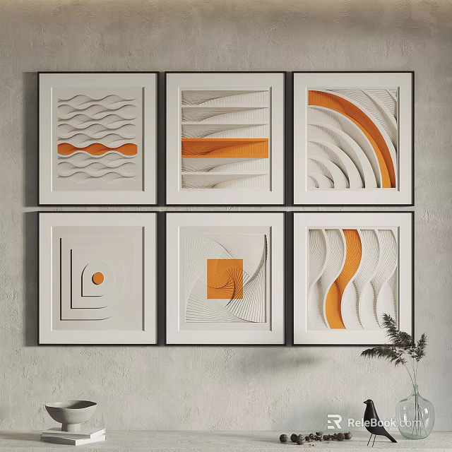 Modern Decorative Wall Art Geometric Patterns Orange White Black Frames Grid Arrangement 3d model