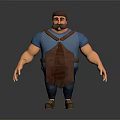 Muscular Game Movie Character With Blue T-shirt Brown Leather Apron And Arm Tattoo