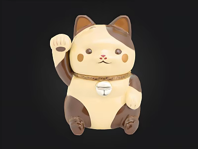 Brown And White Maneki Neko Lucky Cat Figurine With Waving Paw And Bell 3d model