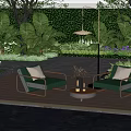 Green Outdoor Lounge Chairs On Wooden Deck With Lush Garden Greenery And Small Coffee Table