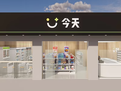Modern Grocery Store Front With Glass Entrance Shelves Full Of Daily Products And Cashier Counter 3d model