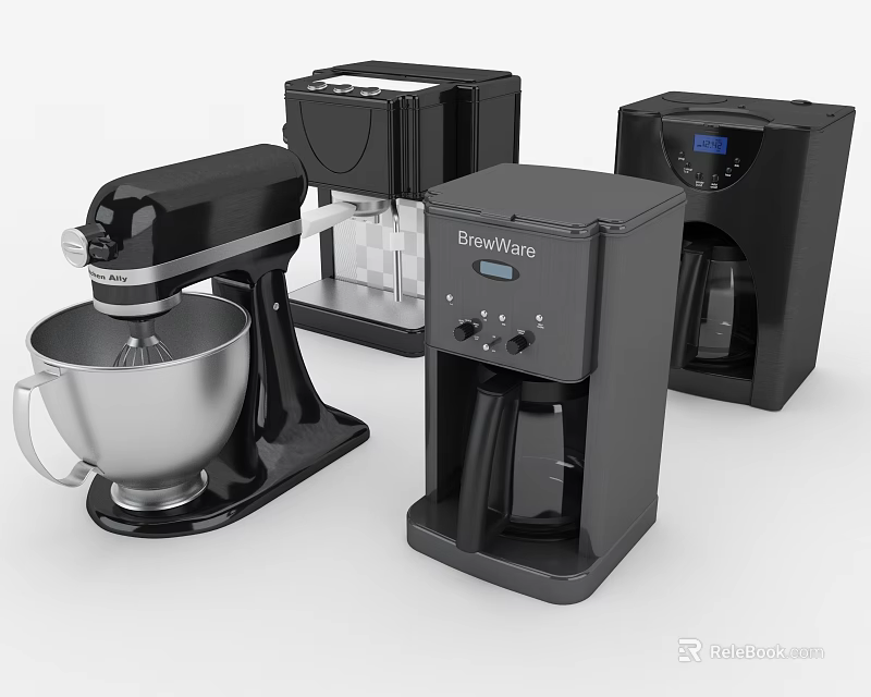 Black Kitchen Appliances Collection Featuring Mixer Coffee Maker And Toaster Set 3d model 
