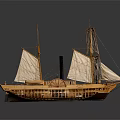 Antique Wooden Sailing Ship Model With Canvas Sails Chimney Flag And Hull Details