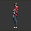 Man In Red T-Shirt Arms Crossed Holding Plaid Shirt Blue Jeans White Shoes Grey Background