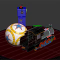 Electric Toy Train Locomotive With Yellow Star Ball And Blue Control Box On Wooden Platform