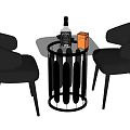 Modern Black Leather Chair and Round Table Set with Geometric Base Wine Bottle and Glasses