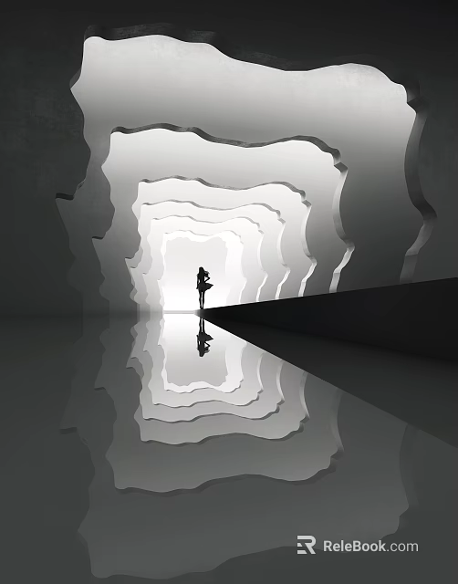 Modern Office Corridor With Wavy Wall Design And Reflective Floor Featuring Silhouette Figure Minimalist Monochrome 3d model 