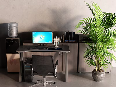 Modern Office Desk Featuring Computer Monitor Keyboard Folders Office Chair Green Plant And Gray Wall 3d model