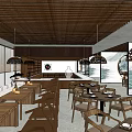 Modern Restaurant Open Space With Wooden Tables Chairs And Branch Texture Ceiling