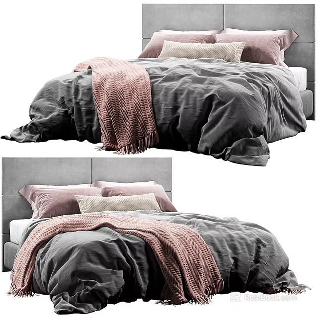 Cozy Double Bed With Grey Duvet Pink Blanket And Soft Pillows 3d model 