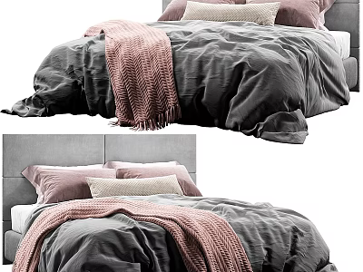 Cozy Double Bed With Grey Duvet Pink Blanket And Soft Pillows 3d model
