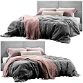 Cozy Double Bed With Grey Duvet Pink Blanket And Soft Pillows