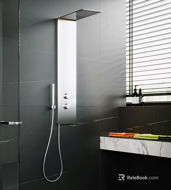 Modern Bathroom Shower System With Gray Tile Walls Handheld Sprayer And Marble Countertop Window Blinds 3d model 